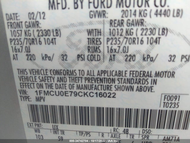 2012 FORD ESCAPE LIMITED VIN: 1FMCU0E79CKC16022