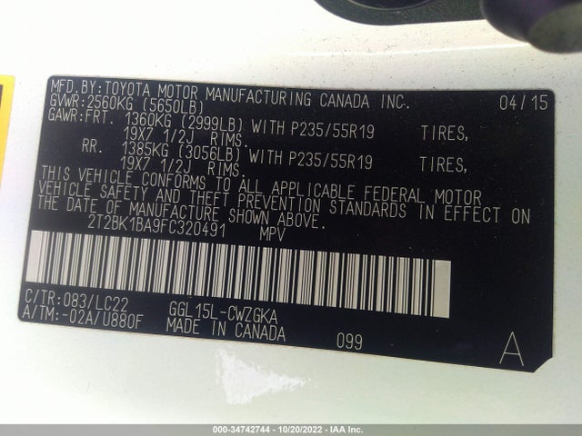 2T2BK1BA9FC320491 Lexus RX 350