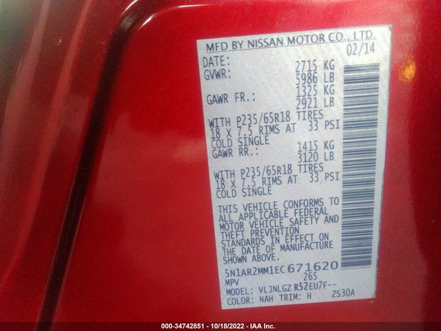 2014 NISSAN PATHFINDER SL VIN: 5N1AR2MM1EC671620