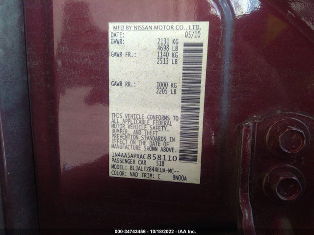 2010 NISSAN MAXIMA 3.5 SV W/PREMIUM PKG VIN: 1N4AA5APXAC858110