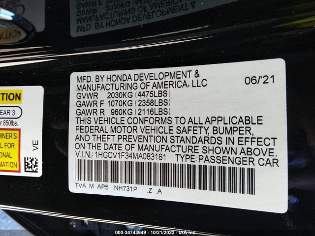 2021 HONDA ACCORD SEDAN SPORT VIN: 1HGCV1F34MA083181