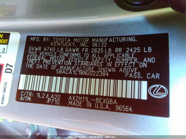 2022 Lexus ES, VIN: 58ACA1C18NU022384
