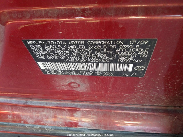 JTHBJ46G492309424 Lexus ES 350
