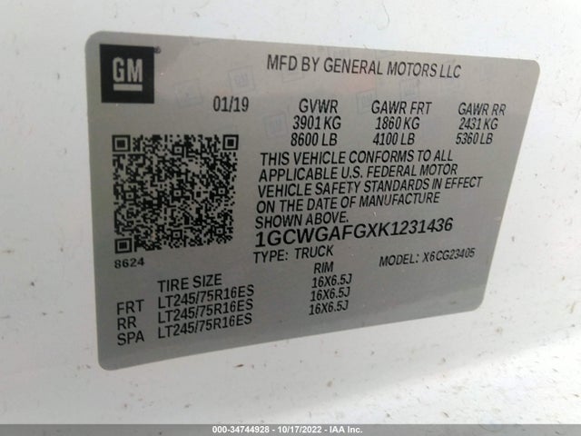 2019 Chevrolet Express, VIN: 1GCWGAFGXK1231436