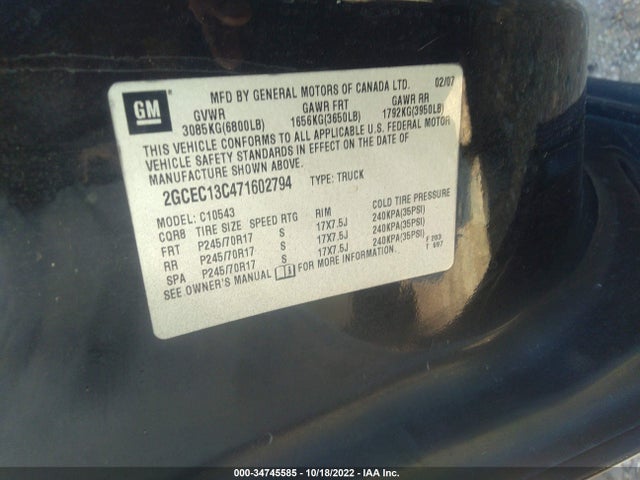 2007 CHEVROLET SILVERADO 1500 LT W/1LT VIN: 2GCEC13C471602794