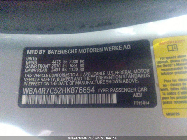 2017 BMW 4 Series, VIN: WBA4R7C52HK876654