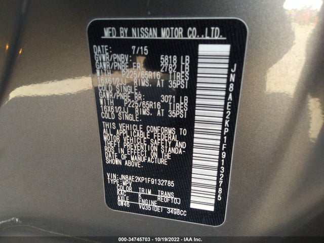 2015 Nissan Quest, VIN: JN8AE2KP1F9132785