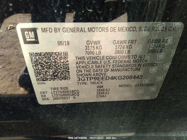 2019 GMC Sierra 1500, VIN: 3GTP9EED4KG208443