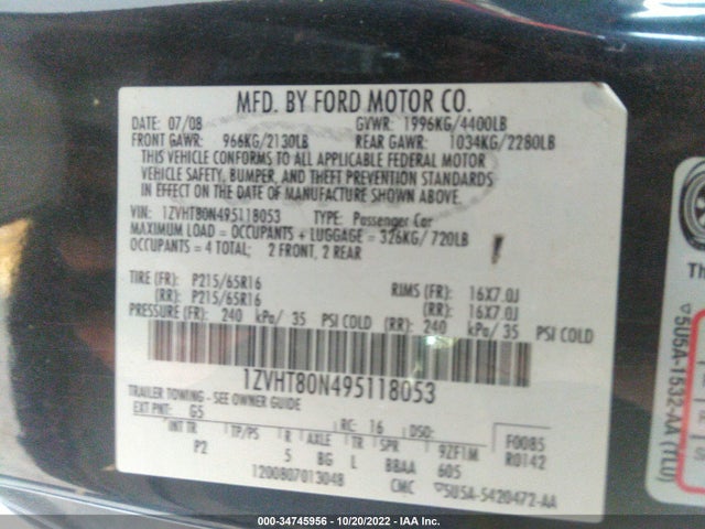 2009 FORD MUSTANG VIN: 1ZVHT80N495118053