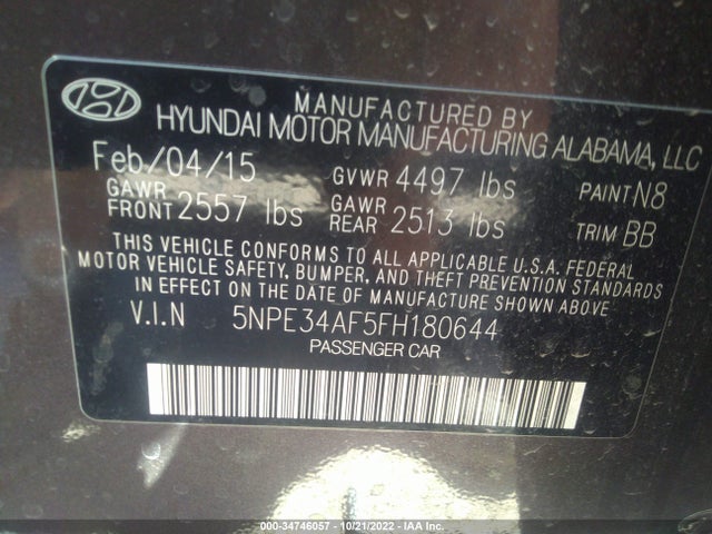 2015 HYUNDAI SONATA 2.4L LIMITED VIN: 5NPE34AF5FH180644