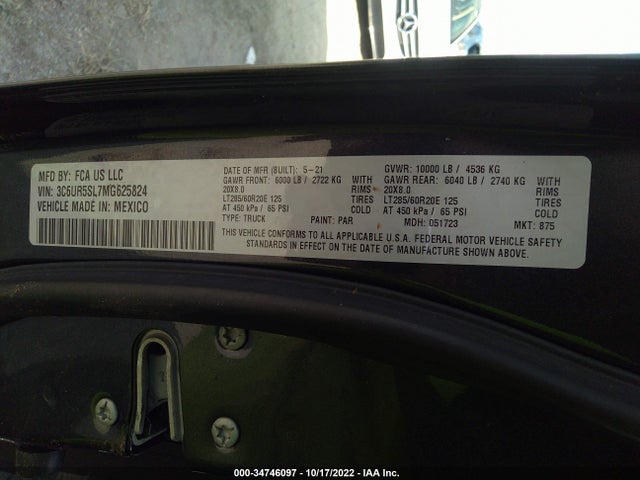 2021 RAM 2500 LIMITED VIN: 3C6UR5SL7MG625824