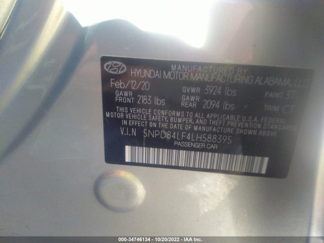 2020 HYUNDAI ELANTRA SEL VIN: 5NPD84LF4LH588395