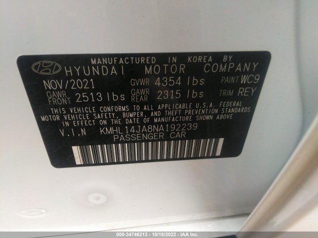 2022 Hyundai Sonata, VIN: KMHL14JA8NA192239