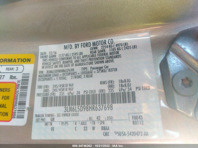 2017 Lincoln MKZ, VIN: 3LN6L5D98HR637698
