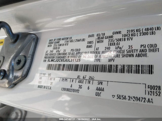 Lincoln MKC SELECT 2018 5LMCJ2C93JUL31125 Image 10