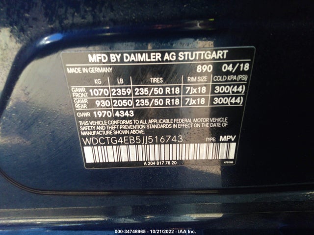 2018 MERCEDES-BENZ GLA VIN: WDCTG4EB5JJ516743