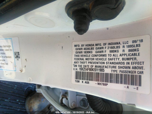 Honda Insight Touring 2019 19XZE4F90KE011905 Image 10