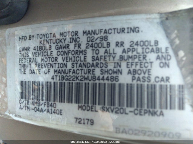 1998 TOYOTA CAMRY 4T1BG22K2WU844486 Photo 8