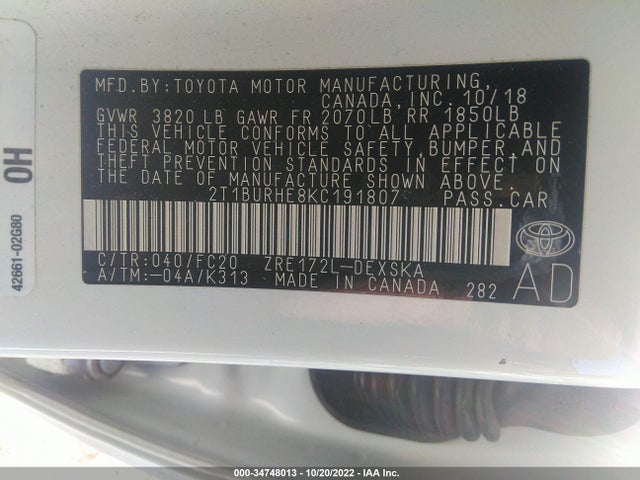 2019 TOYOTA COROLLA L/LE/SE/XLE/XSE VIN: 2T1BURHE8KC191807