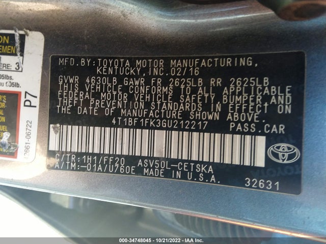 2016 Toyota Camry, VIN: 4T1BF1FK3GU212217