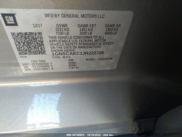 2018 Chevrolet Tahoe, VIN: 1GNSCAKC1JR222726