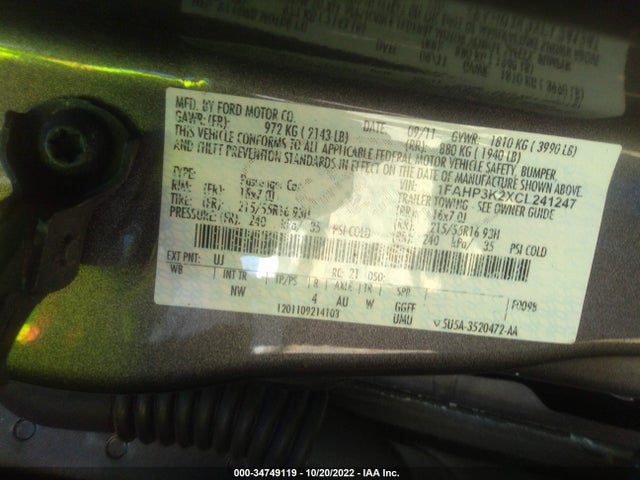 2012 FORD FOCUS SE VIN: 1FAHP3K2XCL241247