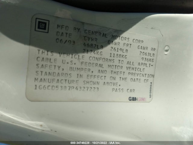 1993 CADILLAC DEVILLE VIN: 1G6CD53B7P4327223