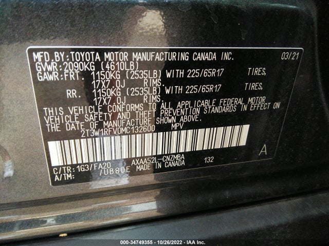 2021 Toyota RAV4, VIN: 2T3W1RFV0MC132600
