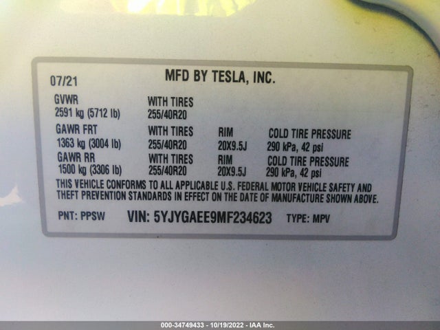 Tesla Model Y Long Range 2021 5YJYGAEE9MF234623 Image 10