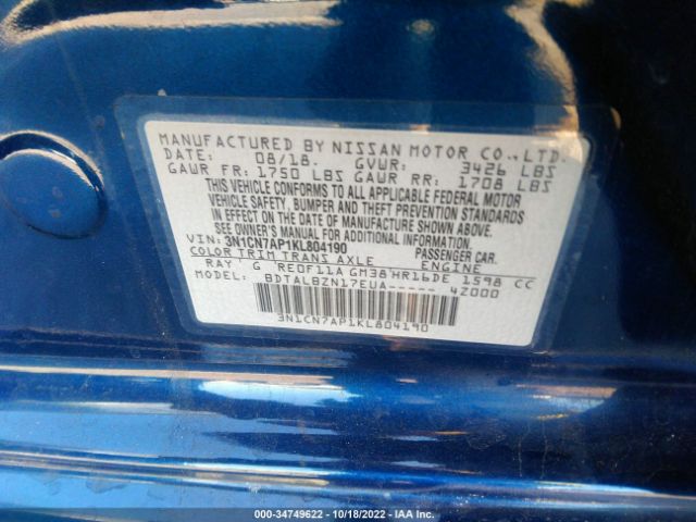 3N1CN7AP1KL804190 Nissan Versa Sedan Sv