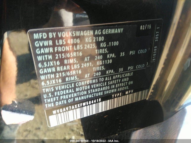 2015 VOLKSWAGEN TIGUAN S VIN: WVGAV7AXXFW584418