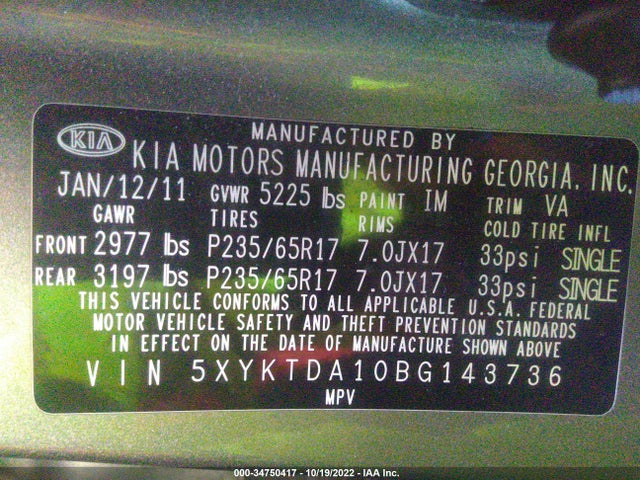 2011 KIA SORENTO LX VIN: 5XYKTDA10BG143736