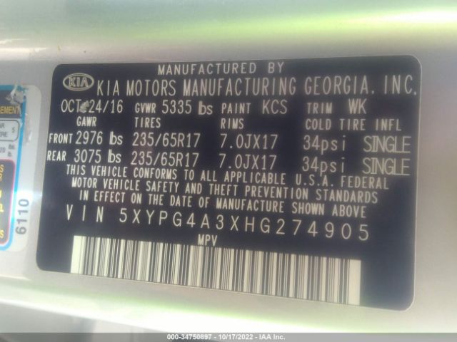 5XYPG4A3XHG274905 KIA Sorento Lx/l