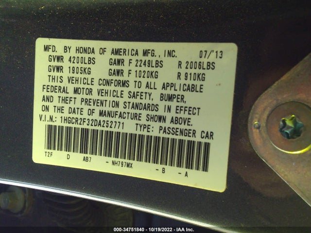 2013 HONDA ACCORD SDN LX VIN: 1HGCR2F32DA252771