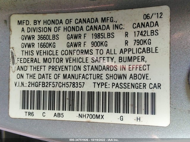 2012 HONDA CIVIC SDN LX VIN: 2HGFB2F57CH578357