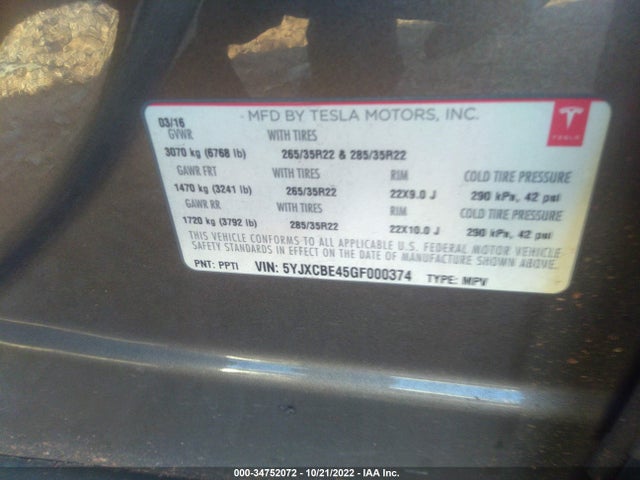2016 Tesla Model X, VIN: 5YJXCBE45GF000374