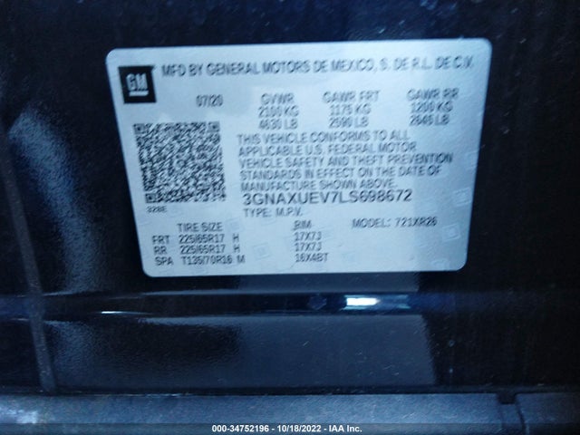 2020 CHEVROLET EQUINOX LT VIN: 3GNAXUEV7LS698672