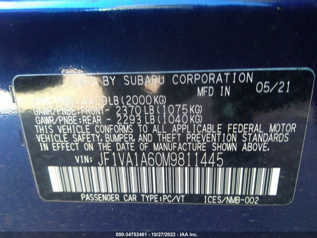 2021 Subaru WRX, VIN: JF1VA1A60M9811445