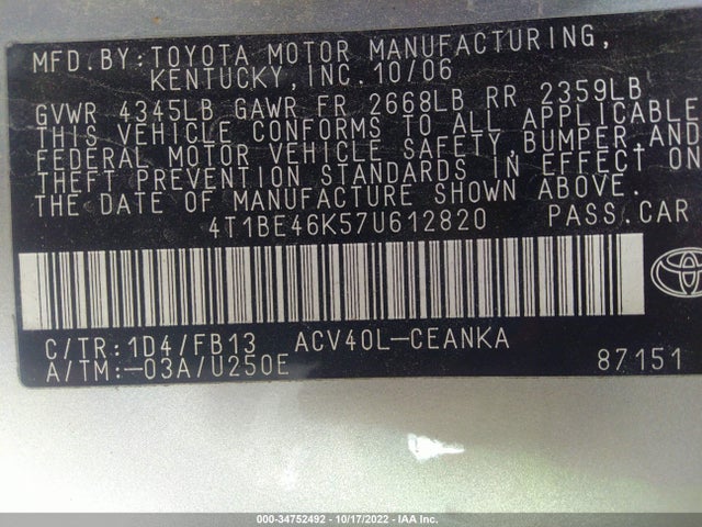 2007 TOYOTA CAMRY CE/LE/SE/XLE VIN: 4T1BE46K57U612820