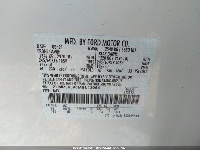 2021 Lincoln Nautilus, VIN: 2LMPJ6J90MBL13954