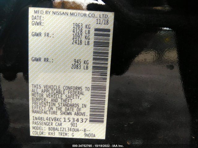 1N4BL4EV8KC153437 Nissan Altima 2.5 Sl