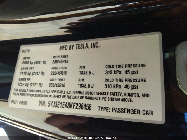 2019 Tesla 3, VIN: 5YJ3E1EA8KF296458