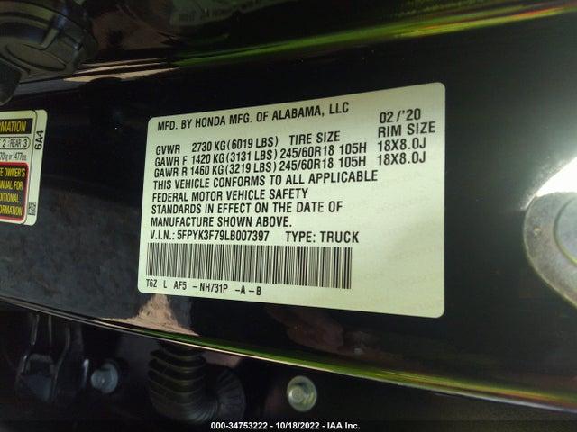 2020 Honda Ridgeline, VIN: 5FPYK3F79LB007397
