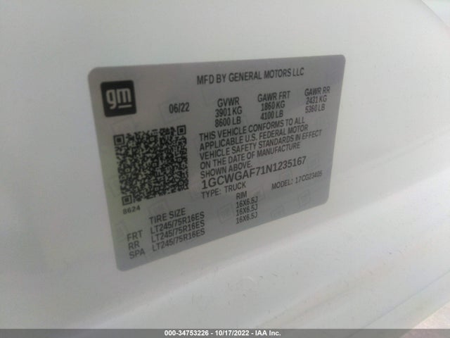 2022 Chevrolet Express, VIN: 1GCWGAF71N1235167