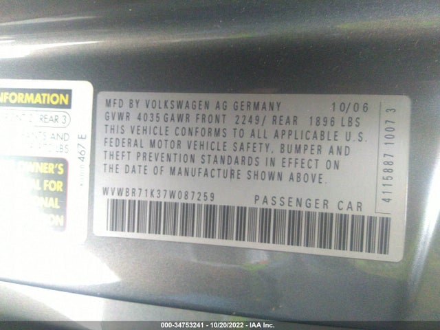 Volkswagen Rabbit 2007 WVWBR71K37W087259 Image 9