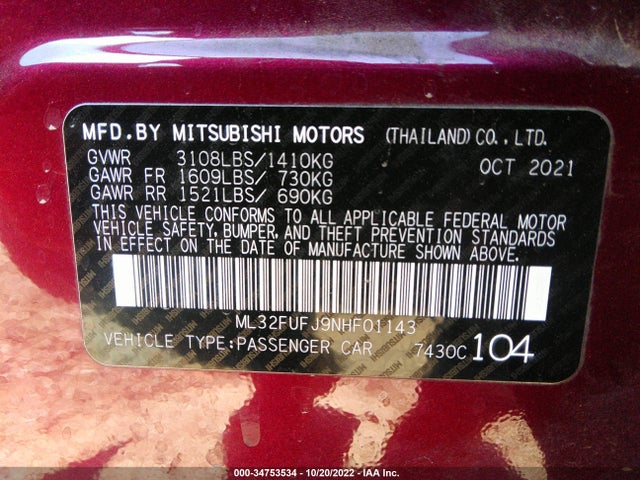 2022 Mitsubishi Mirage, VIN: ML32FUFJ9NHF01143