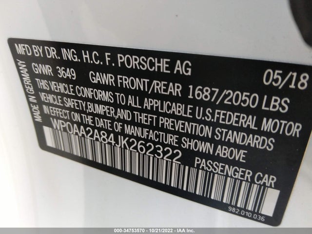 2018 Porsche 718, VIN: WP0AA2A84JK262322