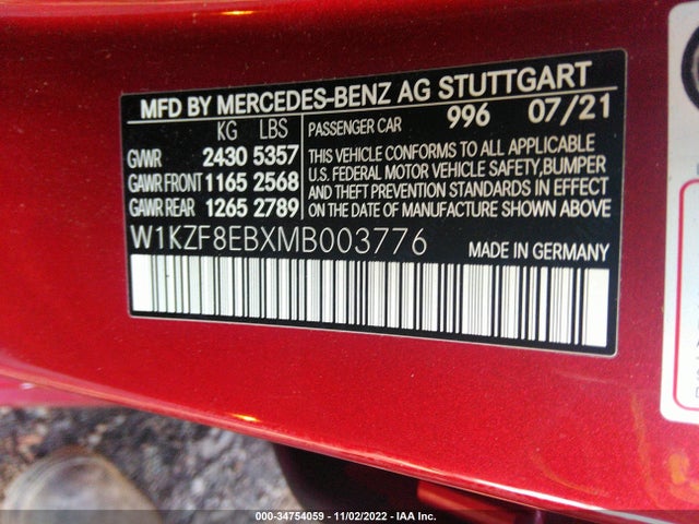2021 MERCEDES-BENZ E-CLASS E 350 VIN: W1KZF8EBXMB003776