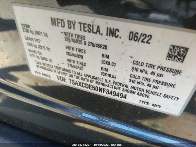 2022 Tesla Model X, VIN: 7SAXCDE50NF349494