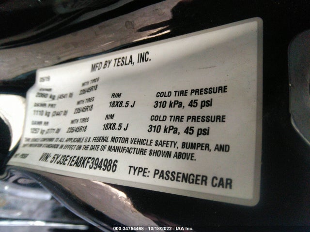 Tesla MODEL 3 2019 5YJ3E1EA8KF394986 Image 11